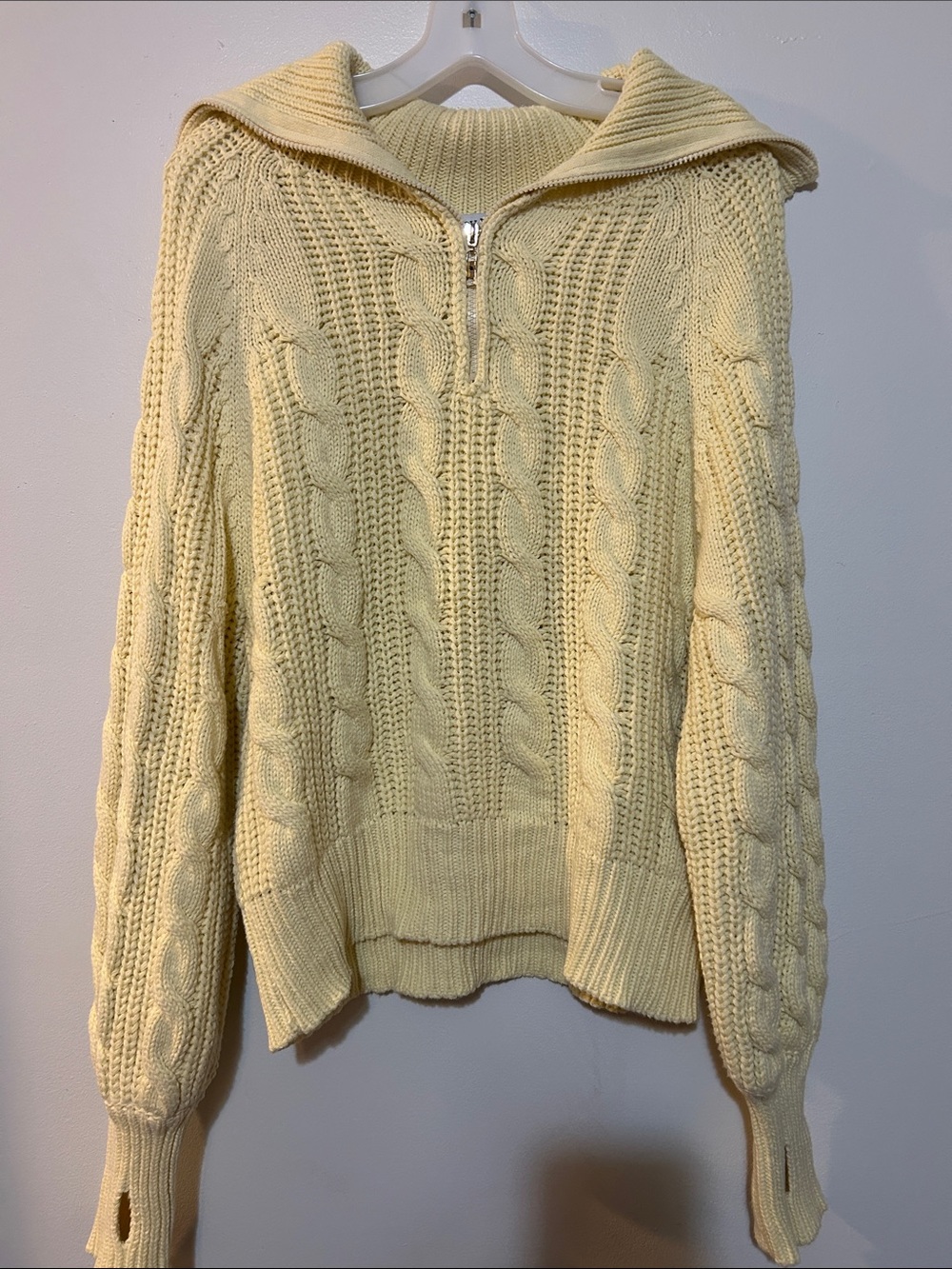 Half-Zip Cable Knit Turtleneck Sweater in Butter Yellow